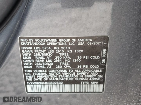 2022 Volkswagen Atlas SE with VIN 1V2WR2CA4NC502532, listed as a Copart auction lot 44407155 with 67,394 mi miles and Salvage title. Bid and sale history available at DreamBid. Image 13.