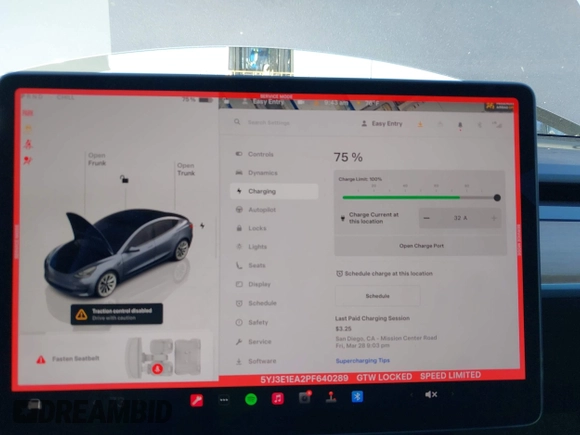 2023 Tesla Model 3 with VIN 5YJ3E1EA2PF640289, listed as a IAAI auction lot 42000200 with 14,194 mi miles and . Bid and sale history available at DreamBid. Image 18.
