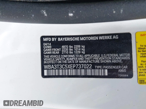 2014 BMW 4 Series 435i z VIN WBA3T3C5XEP737022, wystawiony jako IAAI lot #42135541 z przebiegiem 70 080 mil mil oraz . Historia ofert i sprzedaży dostępna na DreamBid. Obrazek 9.