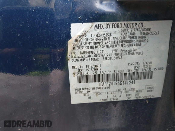 2006 Ford Five Hundred SEL with VIN 1FAFP24196G141241, listed as a IAAI auction lot 42271198 with 184,918 mi miles and . Bid and sale history available at DreamBid. Image 9.