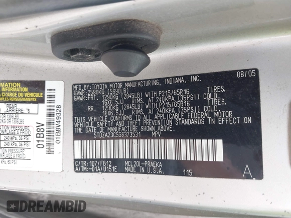 2005 Toyota Sienna CE with VIN 5TDZA23C55S373531, listed as a IAAI auction lot 42149346 with 175,689 mi miles and . Bid and sale history available at DreamBid. Image 9.