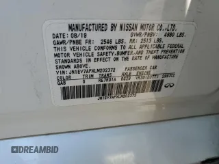 2020 Infiniti Q50 Luxe with VIN JN1EV7APXLM202372, listed as a Copart auction lot 65206765 with 45,788 mi miles and Salvage title. Bid and sale history available at DreamBid. Image 12.