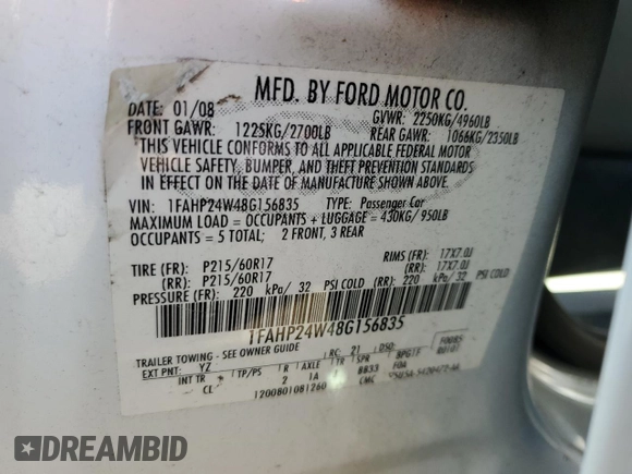 2008 Ford Taurus SEL with VIN 1FAHP24W48G156835, listed as a Copart auction lot 47218695 with 206,047 mi miles and Salvage Title. Bid and sale history available at carsss.com. Image 12.