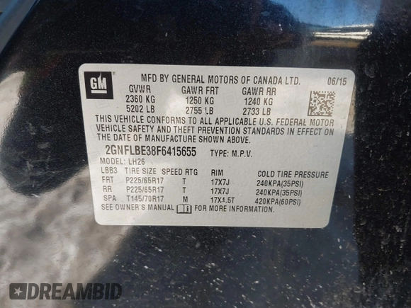 2015 Chevrolet Equinox LT with VIN 2GNFLBE38F6415655, listed as a IAAI auction lot 41330157 with 155,353 mi miles and . Bid and sale history available at carsss.com. Image 9.