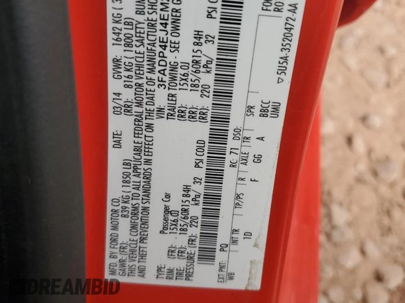 2014 Ford Fiesta SE with VIN 3FADP4EJ4EM212240, listed as a Copart auction lot 54534725 with 104,650 mi miles and Salvage Title. Bid and sale history available at DreamBid. Image 12.