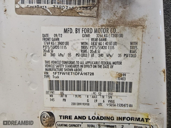 2013 Ford F-150 XL with VIN 1FTFW1ET1DFA16728, listed as a Copart auction lot 45858355 with 289,970 mi miles and Clean Title. Bid and sale history available at carsss.com. Image 12.