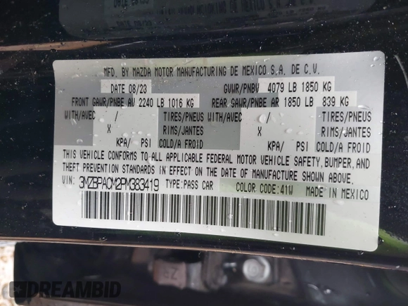 2023 Mazda 3 S Preferred with VIN 3MZBPACM2PM383419, listed as a IAAI auction lot 41560694 with Not Provided miles and . Bid and sale history available at DreamBid. Image 9.