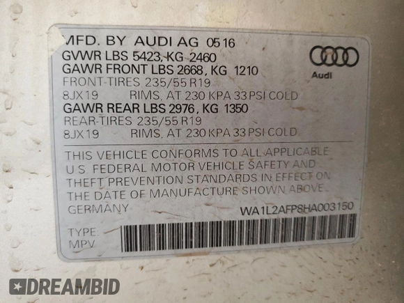 2017 Audi Q5 Premium Plus with VIN WA1L2AFP8HA003150, listed as a Copart auction lot 56228605 with 119,665 mi miles and Salvage title. Bid and sale history available at DreamBid. Image 14.