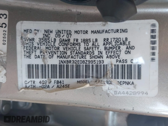 2008 Toyota Corolla CE with VIN 1NXBR32E08Z995193, listed as a IAAI auction lot 42078949 with 78,843 mi miles and . Bid and sale history available at DreamBid. Image 9.