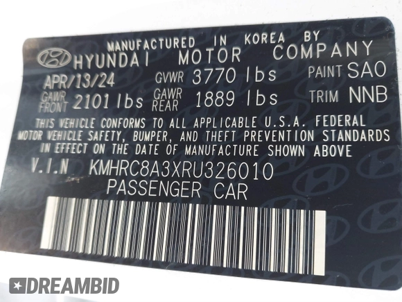 2024 Hyundai Venue SEL with VIN KMHRC8A3XRU326010, listed as a IAAI auction lot 41845065 with 2,604 mi miles and . Bid and sale history available at DreamBid. Image 9.