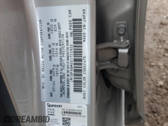 2025 Mazda 3 S Select Sport with VIN JM1BPABM6S1755922, listed as a Copart auction lot 50626925 with 2,794 mi miles and Salvage Title. Bid and sale history available at DreamBid. Image 12.
