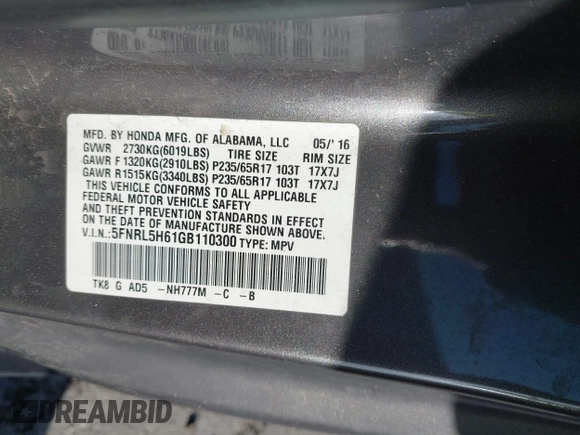 2016 Honda Odyssey EX-L with VIN 5FNRL5H61GB110300, listed as a IAAI auction lot 41949148 with 154,677 mi miles. Bid and sale history available at carsss.com. Image 9.
