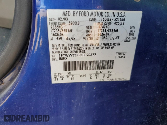 2003 Ford F-350 XL with VIN 1FTWW33P53EB90677, listed as a Copart auction lot 56300685 with 174,091 mi miles and Salvage title. Bid and sale history available at DreamBid. Image 12.