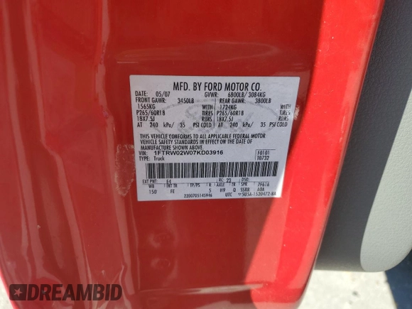 2007 Ford F-150 XLT with VIN 1FTRW02W07KD03916, listed as a Copart auction lot 84022864 with Not provided miles and Salvage title. Bid and sale history available at DreamBid. Image 12.