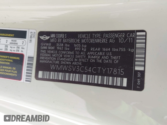 2012 MINI Hardtop S with VIN WMWSV3C54CTY17815, listed as a IAAI auction lot 42061906 with 72,393 mi miles and . Bid and sale history available at DreamBid. Image 9.