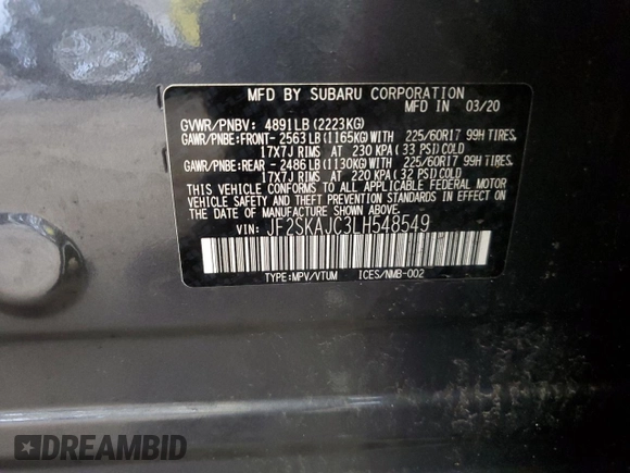 2020 Subaru Forester Premium с VIN JF2SKAJC3LH548549, выставлен на аукционе Copart как лот 60984865 с пробегом 67 977 миль миль и На запчасти • Non repairable. История ставок и продаж доступна на DreamBid. Изображение 13.