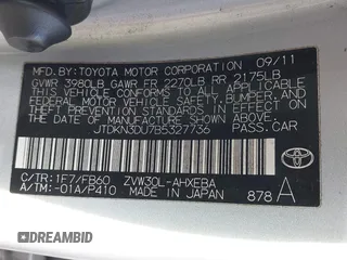 2011 Toyota Prius I with VIN JTDKN3DU7B5327736, listed as a IAAI auction lot 41922229 with 210,028 mi miles. Bid and sale history available at carsss.com. Image 9.