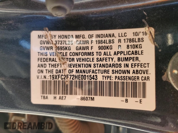 2017 Honda Civic EX z VIN 19XFC2F72HE001543, wystawiony jako Copart lot #56400515 z przebiegiem 70 781 mil mil oraz Szkoda całkowita • Salvage title. Historia ofert i sprzedaży dostępna na DreamBid. Obrazek 12.
