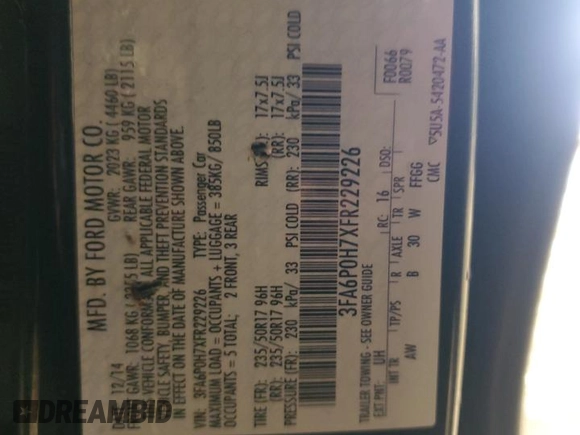 2015 Ford Fusion SE with VIN 3FA6P0H7XFR229226, listed as a Copart auction lot 51296285 with 0 mi miles and Non Repairable. Bid and sale history available at carsss.com. Image 12.