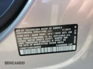 2013 Volkswagen Passat SE w/Sunroof with VIN 1VWBP7A33DC068655, listed as a Copart auction lot 53105025 with 0 mi miles and Clean Title. Bid and sale history available at carsss.com. Image 12.
