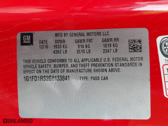 2016 Chevrolet Camaro 2LT with VIN 1G1FD1RS2G0133841, listed as a IAAI auction lot 41874772 with 104,840 mi miles. Bid and sale history available at carsss.com. Image 9.