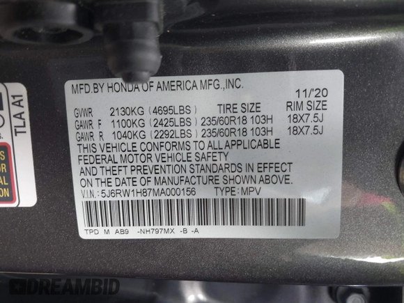 2021 Honda CR-V EX-L with VIN 5J6RW1H87MA000156, listed as a IAAI auction lot 41838439 with 47,009 mi miles and . Bid and sale history available at DreamBid. Image 9.