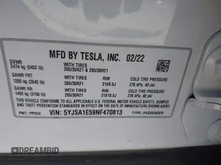 2022 Tesla Model S z VIN 5YJSA1E59NF470813, wystawiony jako IAAI lot #41935297 z przebiegiem Nie podano mil oraz . Historia ofert i sprzedaży dostępna na DreamBid. Obrazek 9.