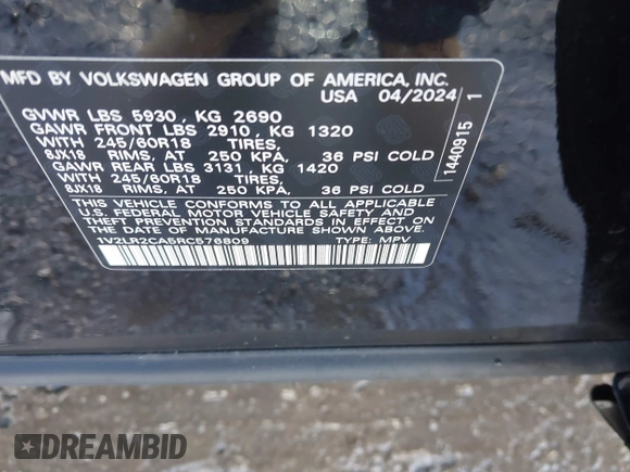 2024 Volkswagen Atlas SE z VIN 1V2LR2CA5RC576809, wystawiony jako IAAI lot #41652203 z przebiegiem 11 300 mil mil oraz . Historia ofert i sprzedaży dostępna na DreamBid. Obrazek 9.