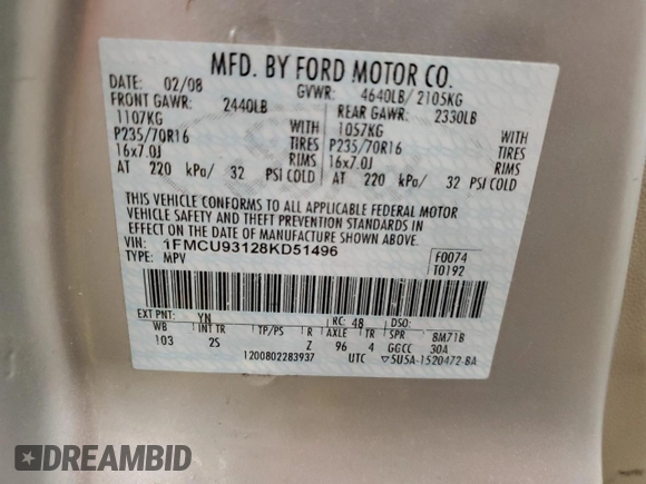 2008 Ford Escape XLT с VIN 1FMCU93128KD51496, выставлен на аукционе Copart как лот 57055865 с пробегом 204 224 миль миль и Списание • Salvage title. История ставок и продаж доступна на DreamBid. Изображение 13.