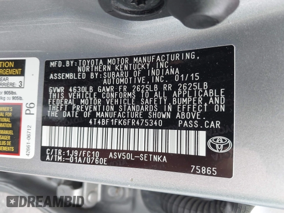 2015 Toyota Camry XLE with VIN 4T4BF1FK6FR475340, listed as a IAAI auction lot 41953834 with 104,041 mi miles. Bid and sale history available at carsss.com. Image 9.