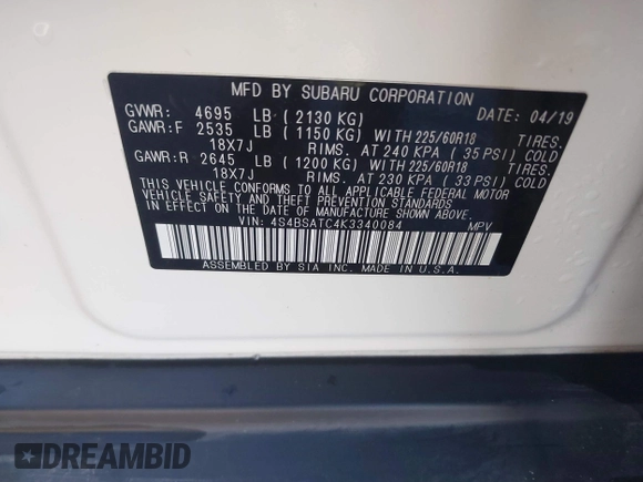 2019 Subaru Outback Touring with VIN 4S4BSATC4K3340084, listed as a IAAI auction lot 41204749 with 49,852 mi miles and . Bid and sale history available at DreamBid. Image 9.