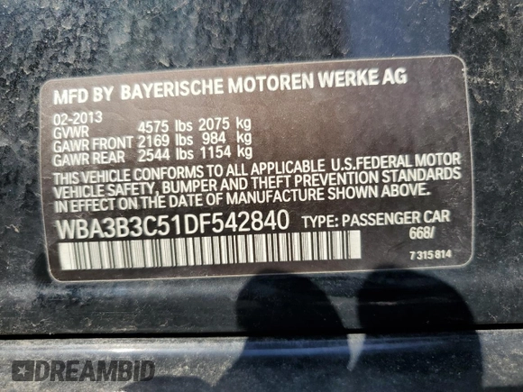 2013 BMW 3 Series 328i xDrive with VIN WBA3B3C51DF542840, listed as a Copart auction lot 64478585 with Not provided miles and Clean title. Bid and sale history available at DreamBid. Image 12.