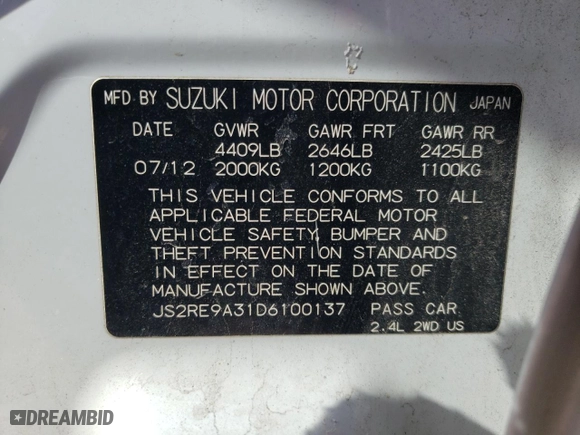 2013 Suzuki Kizashi SE with VIN JS2RE9A31D6100137, listed as a Copart auction lot 45660795 with 119,821 mi miles and Salvage Title. Bid and sale history available at carsss.com. Image 12.