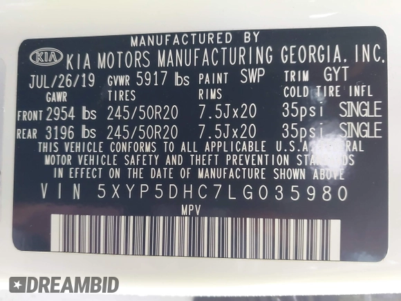2020 Kia Telluride SX with VIN 5XYP5DHC7LG035980, listed as a IAAI auction lot 41750803 with 55,667 mi miles and . Bid and sale history available at DreamBid. Image 9.