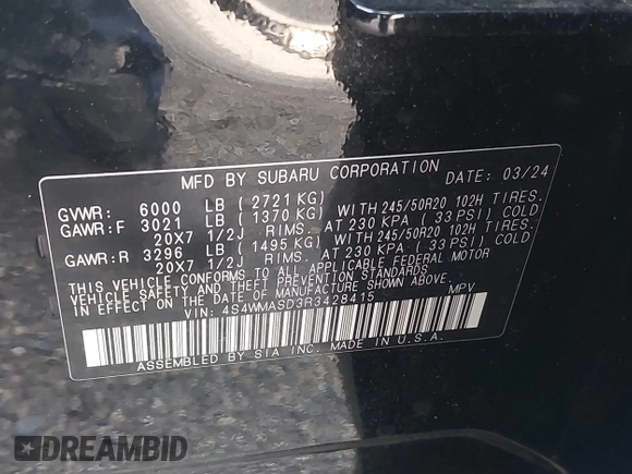 2024 Subaru Ascent Limited with VIN 4S4WMASD3R3428415, listed as a IAAI auction lot 42694203 with 18,109 mi miles and . Bid and sale history available at DreamBid. Image 9.