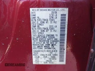 2007 Nissan Frontier SE with VIN 1N6AD07U17C401449, listed as a IAAI auction lot 41585857 with 159,293 mi miles and . Bid and sale history available at DreamBid. Image 9.