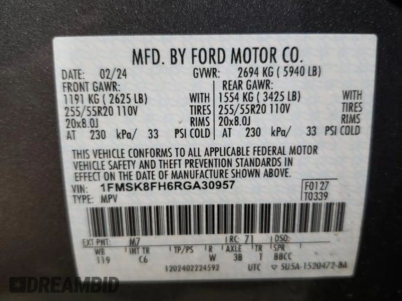 2024 Ford Explorer Limited with VIN 1FMSK8FH6RGA30957, listed as a Copart auction lot 42499775 with 33,268 mi miles and Clean Title. Bid and sale history available at carsss.com. Image 14.