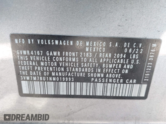 2022 Volkswagen Jetta SE with VIN 3VW7M7BU1NM019993, listed as a IAAI auction lot 42087376 with 74,596 mi miles and . Bid and sale history available at DreamBid. Image 9.