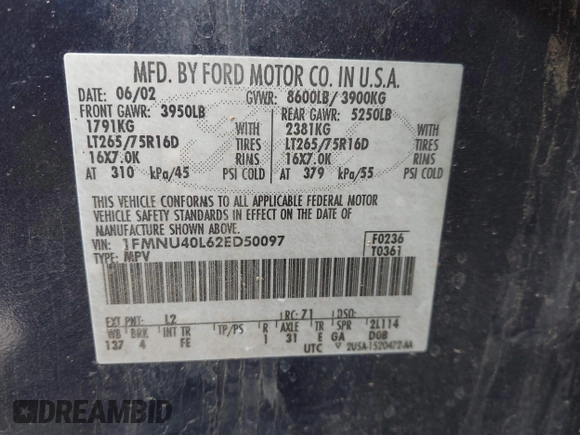2002 Ford Excursion Special Serv с VIN 1FMNU40L62ED50097, выставлен на аукционе IAAI как лот 41814280 с пробегом 185 478 миль миль и . История ставок и продаж доступна на DreamBid. Изображение 9.