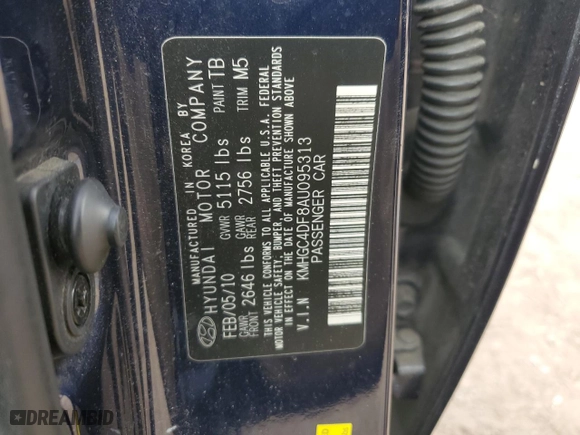 2010 Hyundai Genesis with VIN KMHGC4DF8AU095313, listed as a Copart auction lot 52631925 with 148,465 mi miles and Clean Title. Bid and sale history available at carsss.com. Image 12.