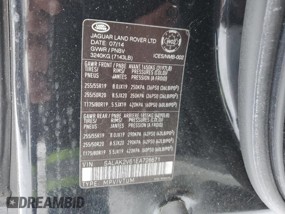 2014 Land Rover LR4 Lux with VIN SALAK2V61EA728671, listed as a Copart auction lot 42698535 with 160,089 mi miles and Salvage title. Bid and sale history available at DreamBid. Image 13.