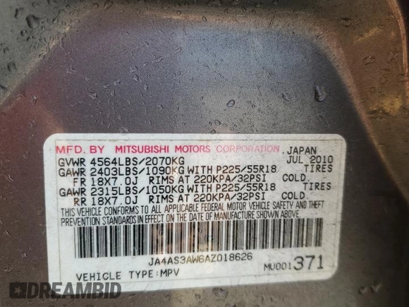 2010 Mitsubishi Outlander SE z VIN JA4AS3AW6AZ018626, wystawiony jako Copart lot #51621035 z przebiegiem 184 953 mil mil oraz Szkoda całkowita • Salvage title. Historia ofert i sprzedaży dostępna na DreamBid. Obrazek 13.
