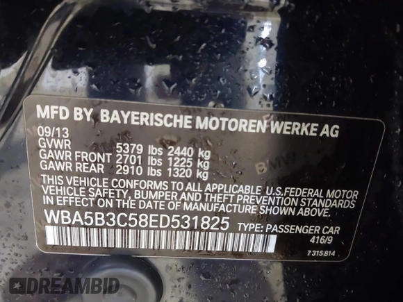 2014 BMW 5 Series 535i xDrive with VIN WBA5B3C58ED531825, listed as a IAAI auction lot 41715275 with 67,782 mi miles and . Bid and sale history available at carsss.com. Image 9.