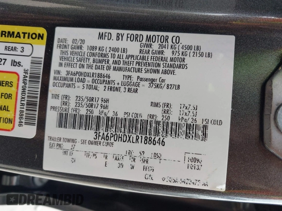 2020 Ford Fusion SE with VIN 3FA6P0HDXLR188646, listed as a IAAI auction lot 42129881 with 85,014 mi miles and . Bid and sale history available at DreamBid. Image 9.