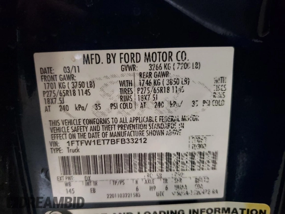 2011 Ford F-150 XLT with VIN 1FTFW1ET7BFB33212, listed as a Copart auction lot 48062245 with 163,204 mi miles and Salvage Title. Bid and sale history available at carsss.com. Image 14.