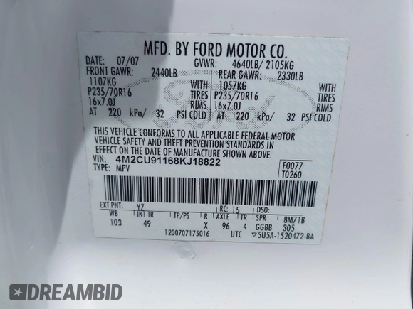 2008 Mercury Mariner с VIN 4M2CU91168KJ18822, выставлен на аукционе IAAI как лот 42389220 с пробегом 145 170 миль миль и . История ставок и продаж доступна на DreamBid. Изображение 9.
