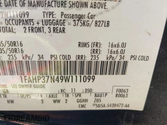 2009 Ford Focus SEL with VIN 1FAHP37N49W111099, listed as a IAAI auction lot 41502124 with 183,401 mi miles. Bid and sale history available at carsss.com. Image 9.
