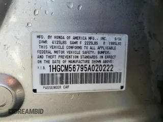 2005 Honda Accord EX with VIN 1HGCM56795A020222, listed as a Copart auction lot 55426085 with 167,997 mi miles and Salvage Title. Bid and sale history available at DreamBid. Image 13.