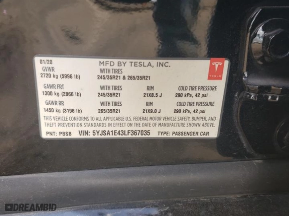 2020 Tesla Model S Performance with VIN 5YJSA1E43LF367035, listed as a Copart auction lot 69654074 with NaN miles and Salvage Title. Bid and sale history available at carsss.com. Image 15.