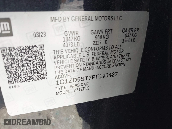 2023 Chevrolet Malibu LT with VIN 1G1ZD5ST7PF190427, listed as a IAAI auction lot 41776351 with 38,053 mi miles and . Bid and sale history available at DreamBid. Image 9.